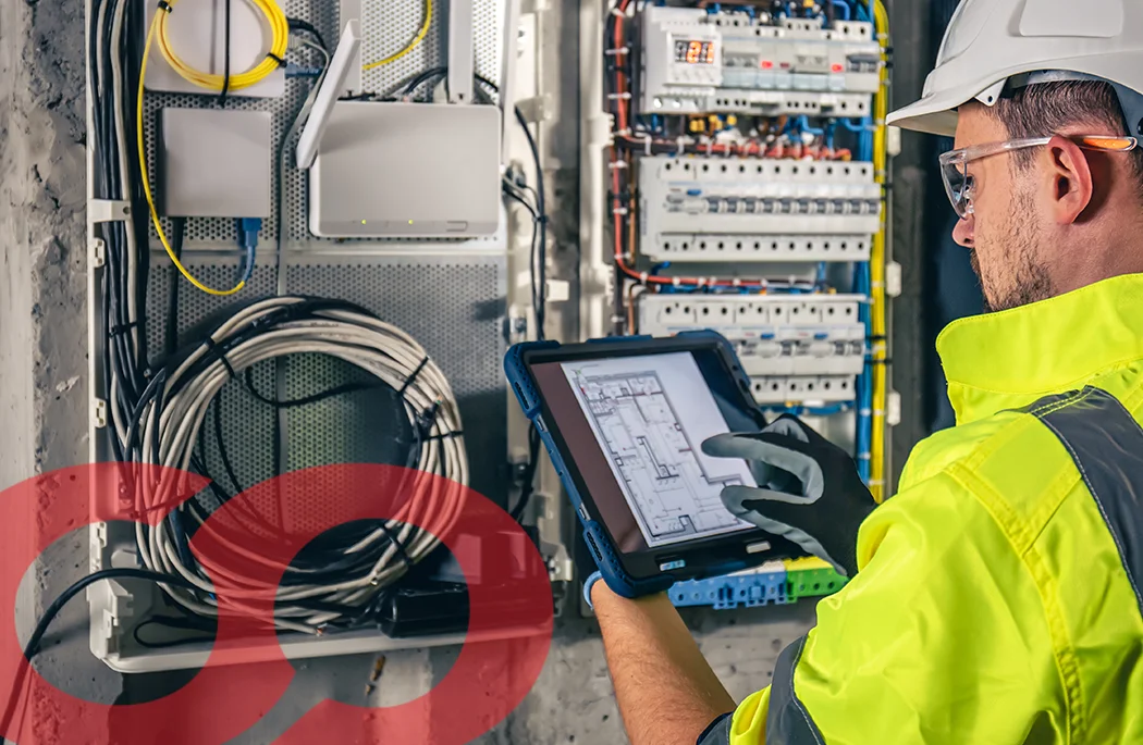 Field service technician using a tablet with embedded AI assistance at an electrical panel
